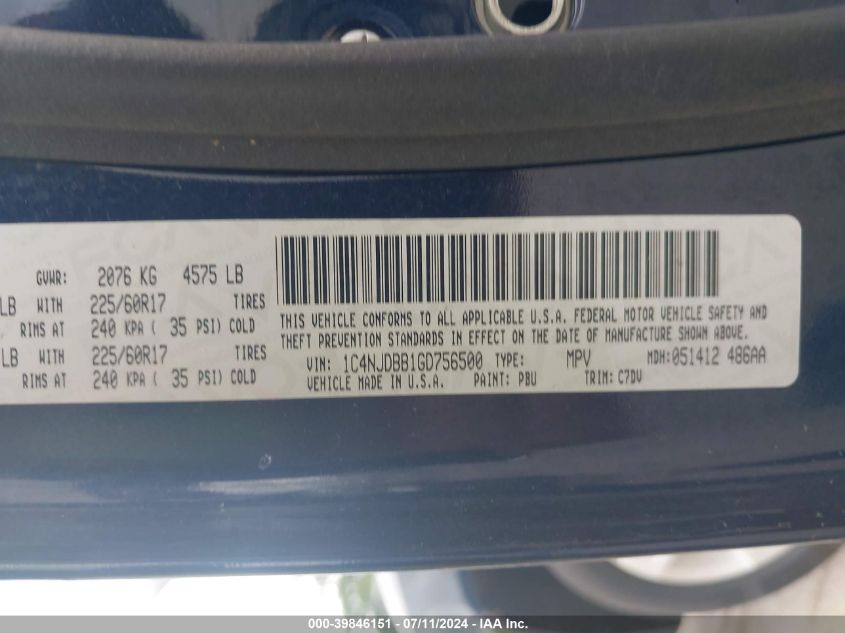 2016 Jeep Compass Sport VIN: 1C4NJDBB1GD756500 Lot: 39846151