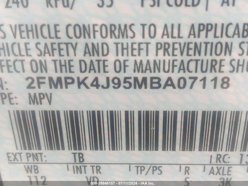 2021 Ford Edge Sel VIN: 2FMPK4J95MBA07118 Lot: 39846157