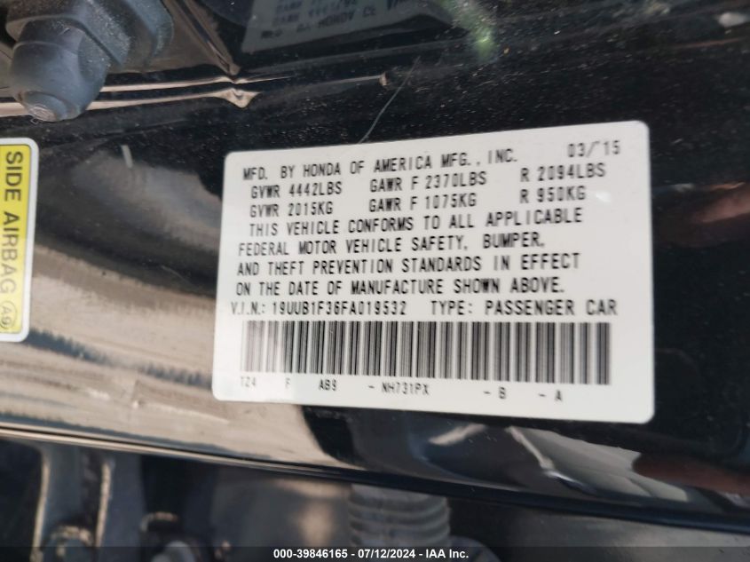 2015 Acura Tlx VIN: 19UUB1F36FA019532 Lot: 39846165