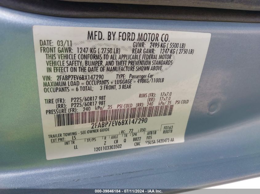 2011 Ford Crown Victoria Lx VIN: 2FABP7EV6BX147290 Lot: 39846184