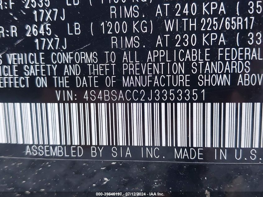 2018 Subaru Outback 2.5I Premium VIN: 4S4BSACC2J3353351 Lot: 39846197