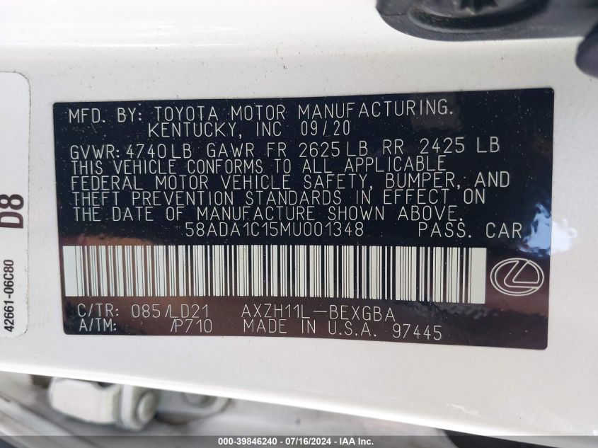 2021 Lexus Es 300H VIN: 58ADA1C15MU001348 Lot: 39846240