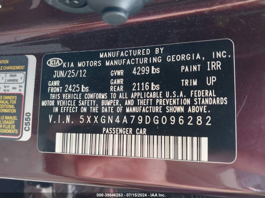 2013 Kia Optima Ex VIN: 5XXGN4A79DG096282 Lot: 39846263