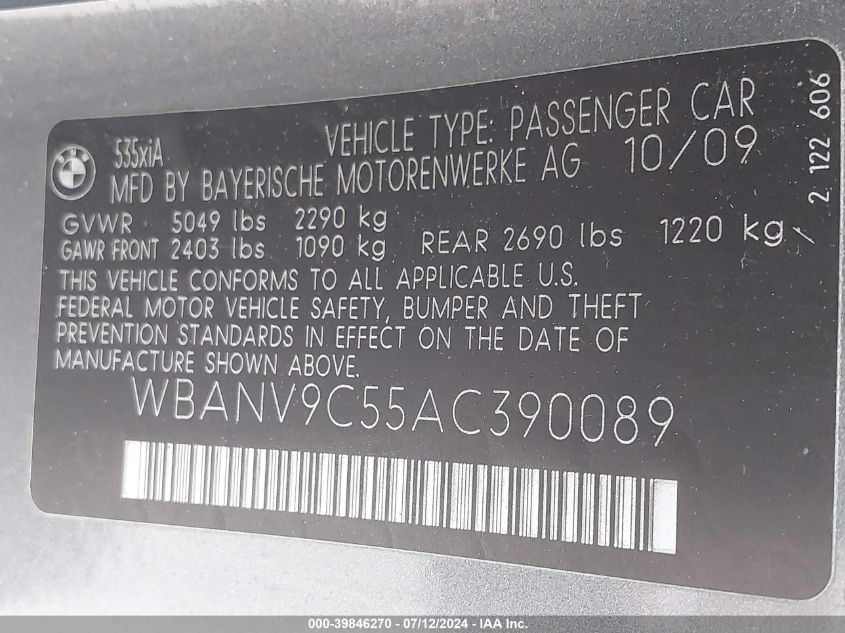 2010 BMW 535I xDrive VIN: WBANV9C55AC390089 Lot: 39846270