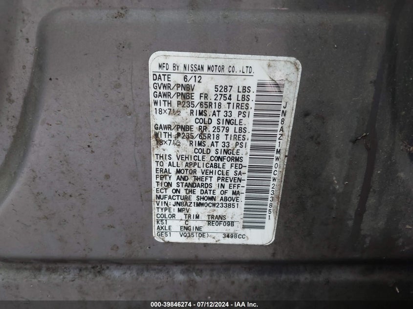 2012 Nissan Murano S/Sl/Le VIN: JN8AZ1MW0CW233851 Lot: 39846274