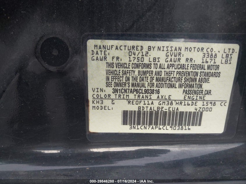 2012 Nissan Versa 1.6 Sv VIN: 3N1CN7AP6CL903816 Lot: 39846280