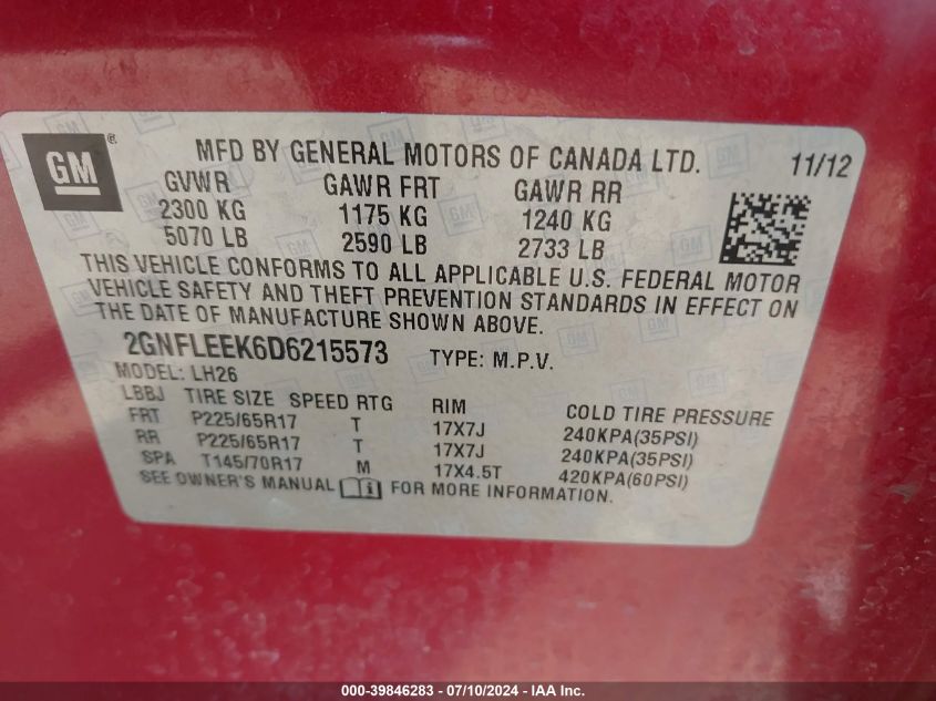 2013 Chevrolet Equinox 1Lt VIN: 2GNFLEEK6D6215573 Lot: 39846283