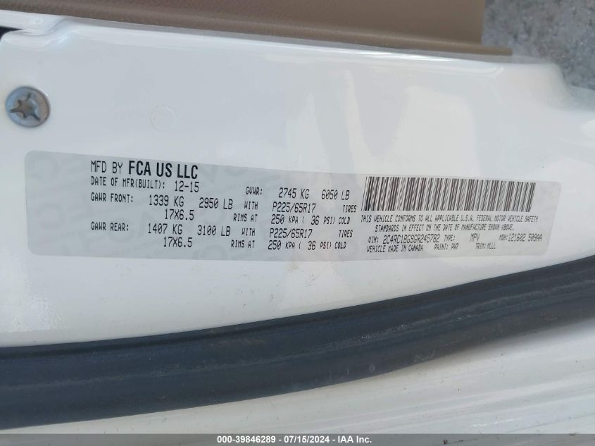 2016 Chrysler Town & Country Touring VIN: 2C4RC1BG9GR245782 Lot: 39846289