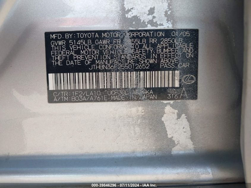 2005 Lexus Ls 430 VIN: JTHBN36F255012652 Lot: 39846296