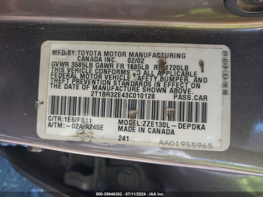 2003 Toyota Corolla Ce VIN: 2T1BR32E43C010128 Lot: 39846302