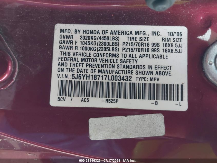 2007 Honda Element Ex VIN: 5J6YH18717L003432 Lot: 39846323