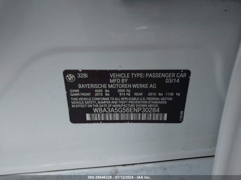 2014 BMW 328 I VIN: WBA3A5G56ENP30284 Lot: 39846329