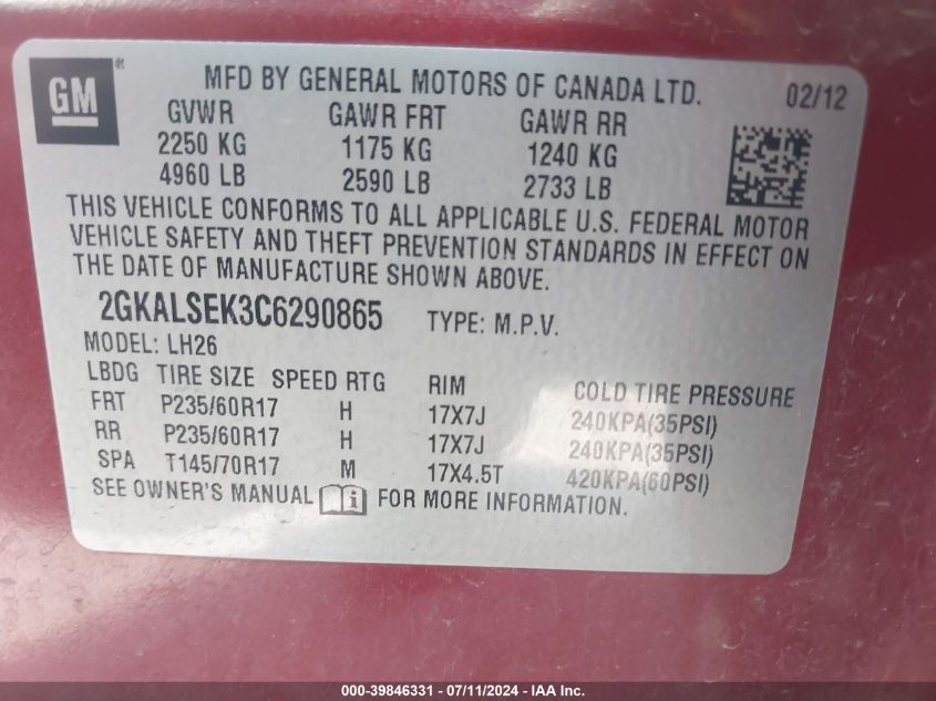 2012 GMC Terrain Sle-2 VIN: 2GKALSEK3C6290865 Lot: 39846331