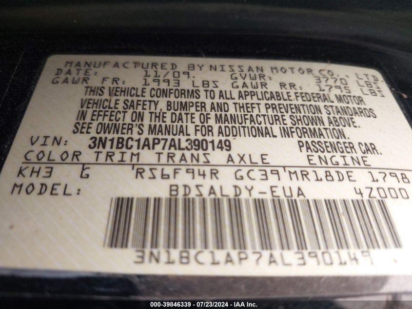 2010 Nissan Versa 1.8S VIN: 3N1BC1AP7AL390149 Lot: 39846339