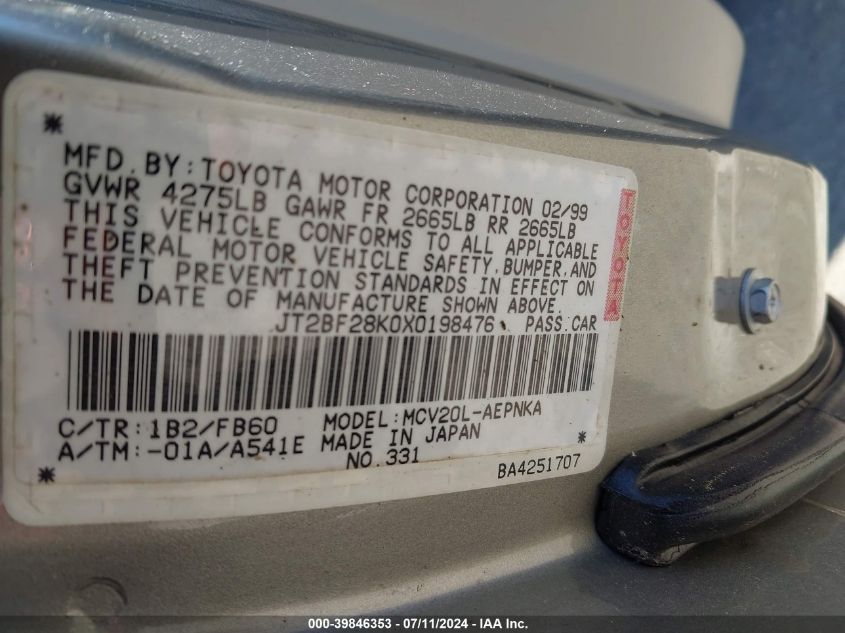 1999 Toyota Camry Le V6 VIN: JT2BF28K0X0198476 Lot: 39846353