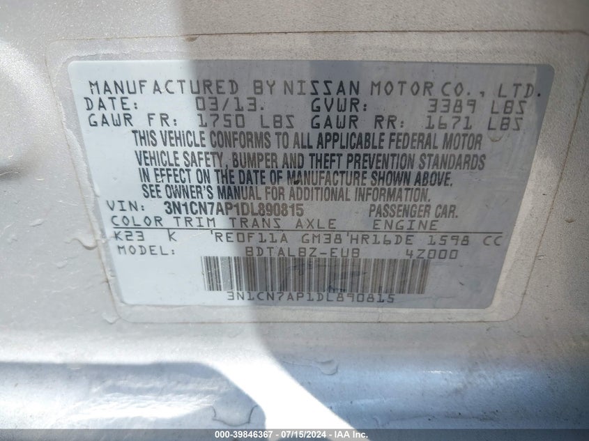 2013 Nissan Versa 1.6 Sv VIN: 3N1CN7AP1DL890815 Lot: 39846367