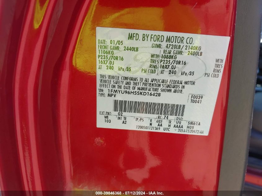 2005 Ford Escape Hev VIN: 1FMYU96H55KD16428 Lot: 39846368