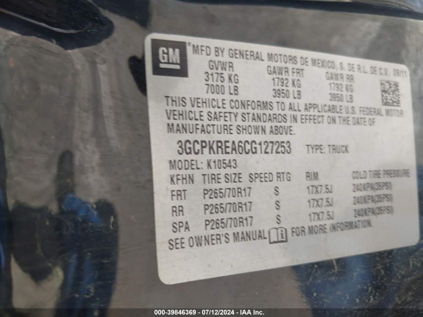 2012 Chevrolet Silverado 1500 Ls VIN: 3GCPKREA6CG127253 Lot: 39846369