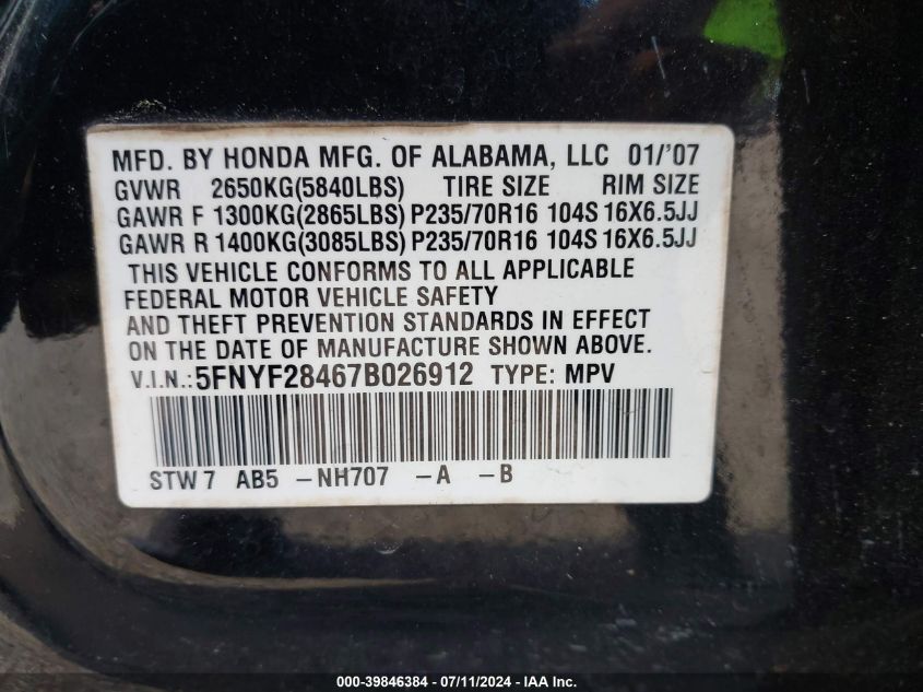 2007 Honda Pilot Ex VIN: 5FNYF28467B026912 Lot: 39846384