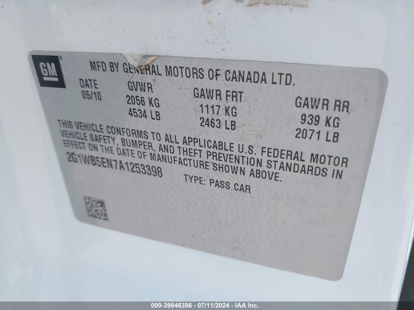 2G1WB5EN7A1253398 2010 Chevrolet Impala Lt