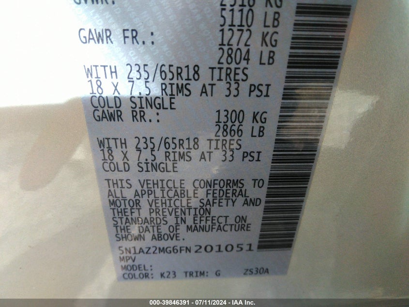 2015 NISSAN MURANO PLATINUM/S/SL/SV - 5N1AZ2MG6FN201051