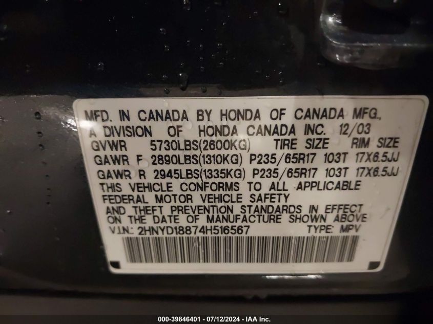 2004 Acura Mdx VIN: 2HNYD18874H516567 Lot: 39846401