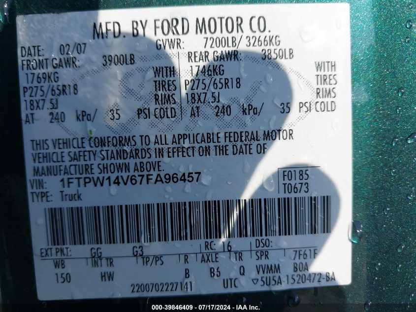 2007 Ford F150 Supercrew VIN: 1FTPW14V67FA96457 Lot: 39846409