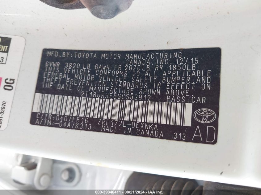 2016 TOYOTA COROLLA VIN: 2T1BURHE5GC583912