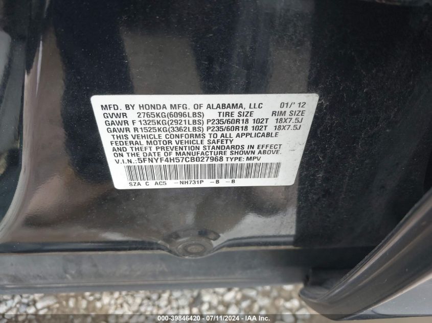 2012 Honda Pilot Ex-L VIN: 5FNYF4H57CB027968 Lot: 39846420