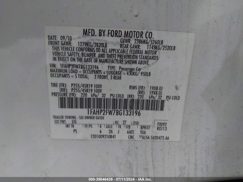 2011 Ford Taurus Limited VIN: 1FAHP2FW7BG133196 Lot: 39846439