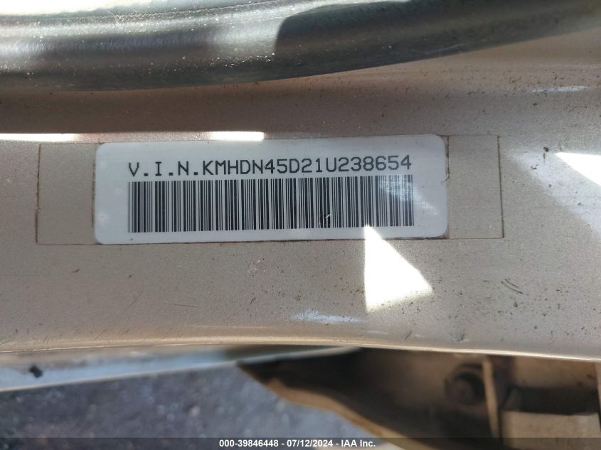 2001 Hyundai Elantra Gls/Gt VIN: KMHDN45D21U238654 Lot: 39846448