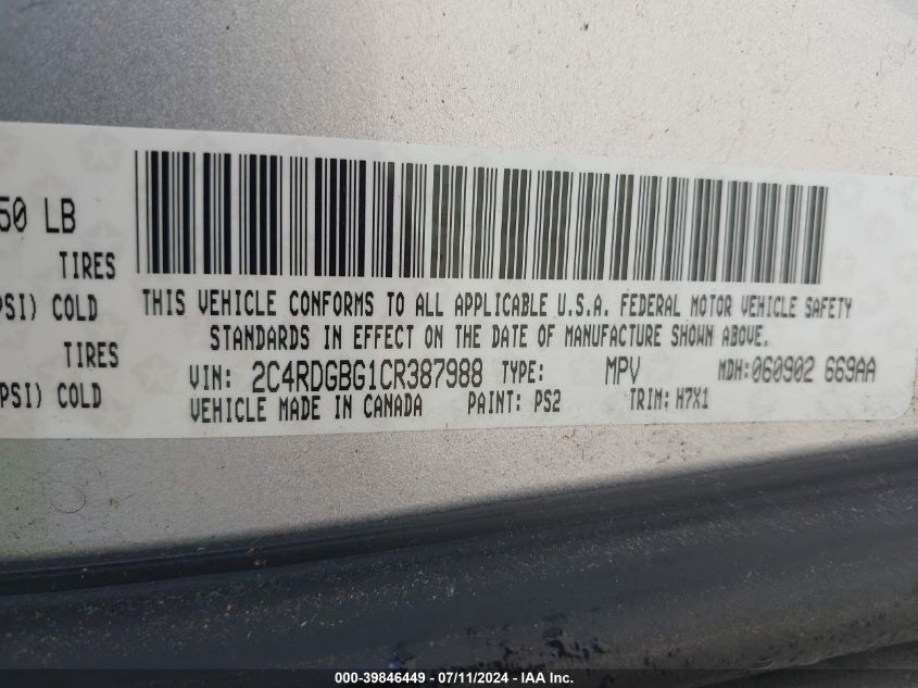 2012 Dodge Grand Caravan Se/Avp VIN: 2C4RDGBG1CR387988 Lot: 39846449