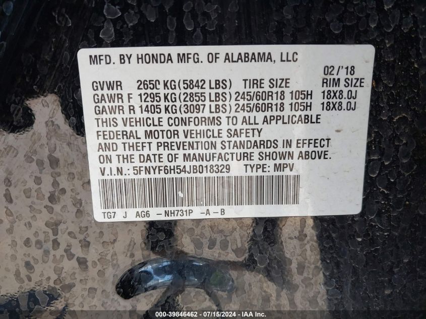 2018 Honda Pilot Ex-L VIN: 5FNYF6H54JB018329 Lot: 39846462