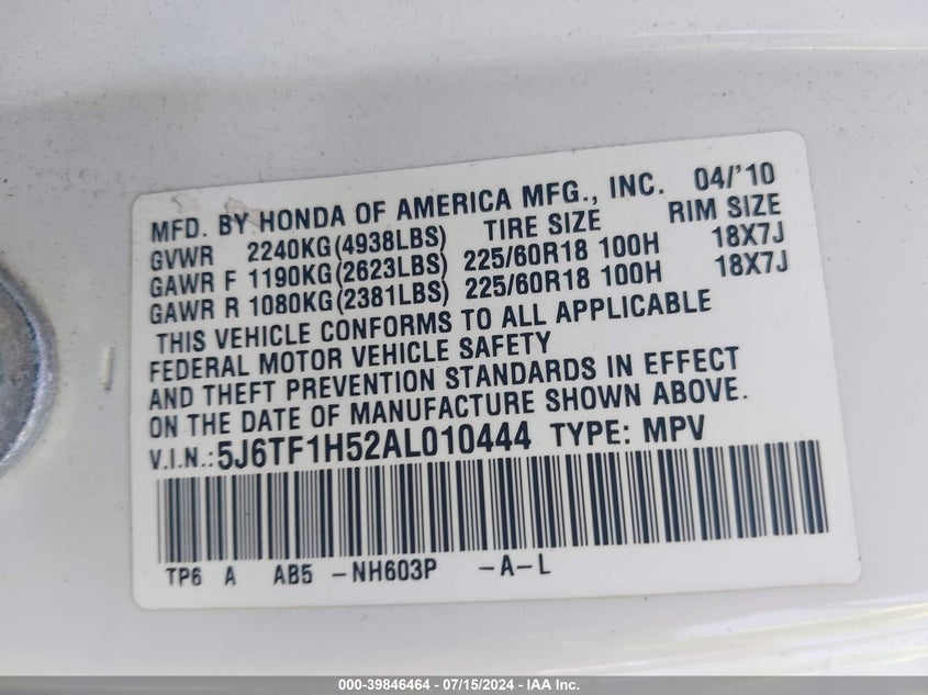 2010 Honda Accord Crosstour Ex-L VIN: 5J6TF1H52AL010444 Lot: 39846464