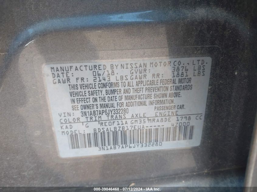 2018 Nissan Sentra S/Sv/Sr/Sl VIN: 3N1AB7AP6JY332280 Lot: 39846468