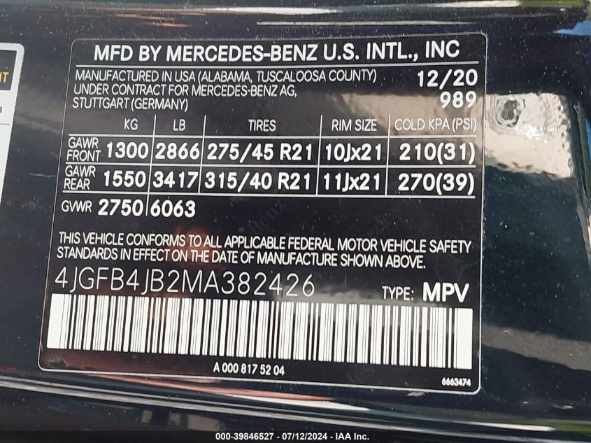 2021 Mercedes-Benz Gle 350 VIN: 4JGFB4JB2MA382426 Lot: 39846527