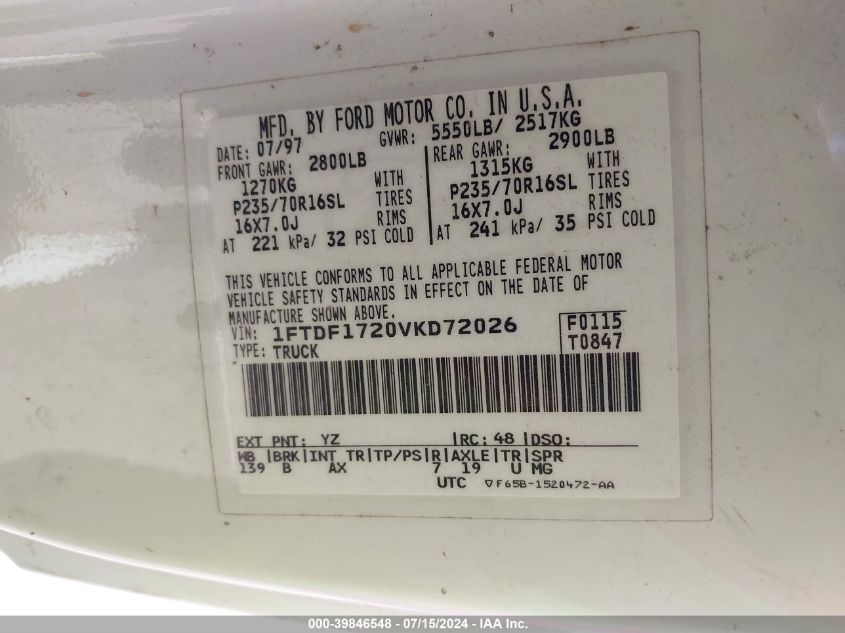 1997 Ford F-150 Standard/Xl/Xlt VIN: 1FTDF1720VKD72026 Lot: 39846548