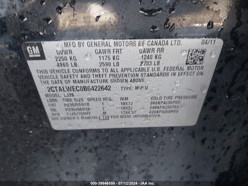 2011 GMC Terrain Slt-2 VIN: 2CTALWEC0B6422642 Lot: 39846558