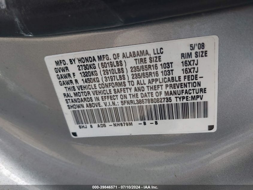 2008 Honda Odyssey Ex-L VIN: 5FNRL38678B082735 Lot: 39846571