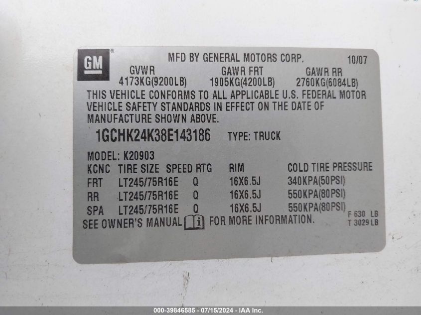 2008 Chevrolet Silverado 2500Hd Work Truck VIN: 1GCHK24K38E143186 Lot: 39846585