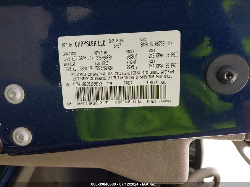 2008 Dodge Ram 1500 VIN: 1D78U18288J108123 Lot: 39846600