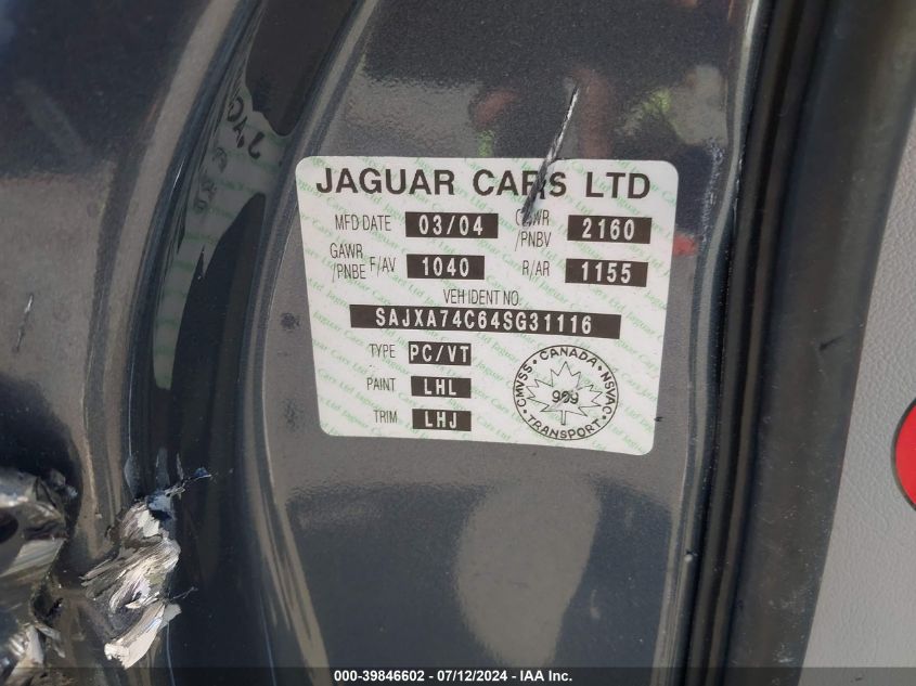 2004 Jaguar Xj Series VIN: SAJXA74C64SG31116 Lot: 39846602