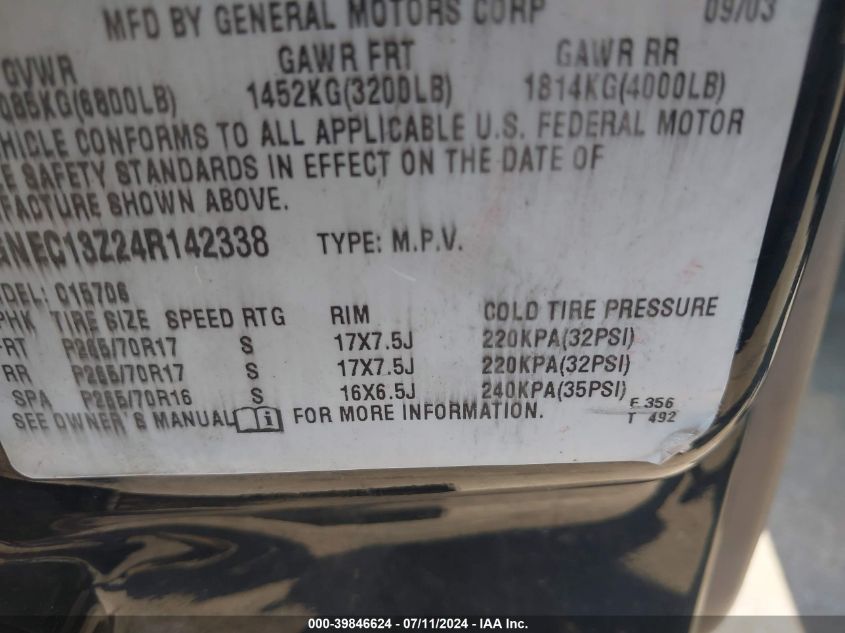 2004 Chevrolet Tahoe Lt VIN: 1GNEC13Z24R142338 Lot: 39846624