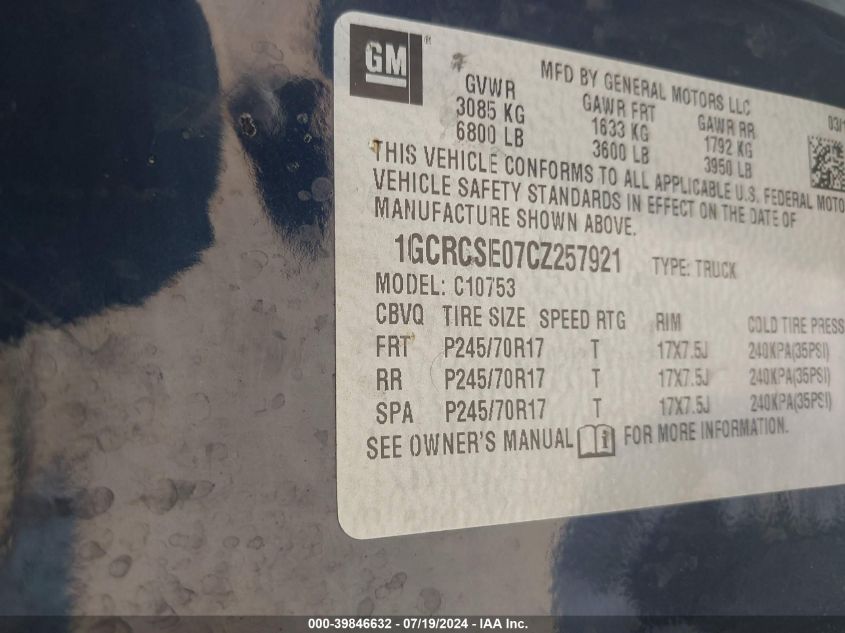 2012 Chevrolet Silverado C1500 Lt VIN: 1GCRCSE07CZ257921 Lot: 39846632