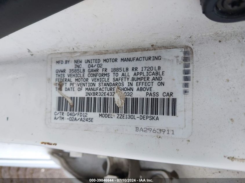 1NXBR32E43Z032032 2003 Toyota Corolla S