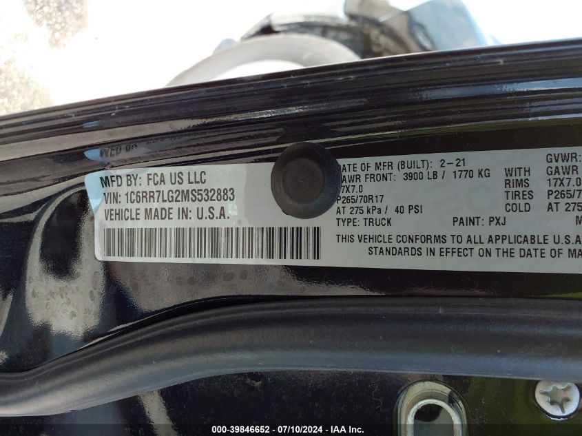 2021 Ram 1500 Classic Slt 4X4 5'7 Box VIN: 1C6RR7LG2MS532883 Lot: 39846652