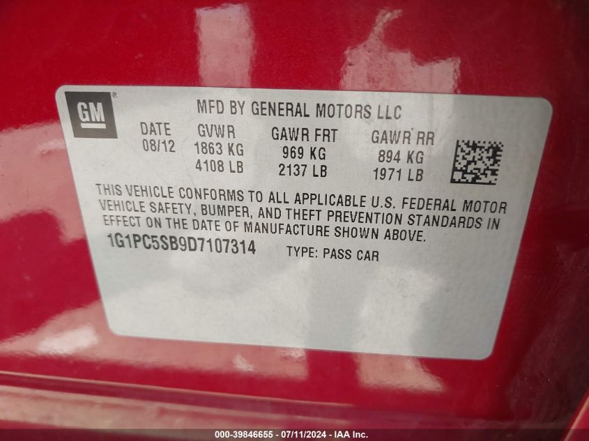 2013 Chevrolet Cruze 1Lt Auto VIN: 1G1PC5SB9D7107314 Lot: 39846655