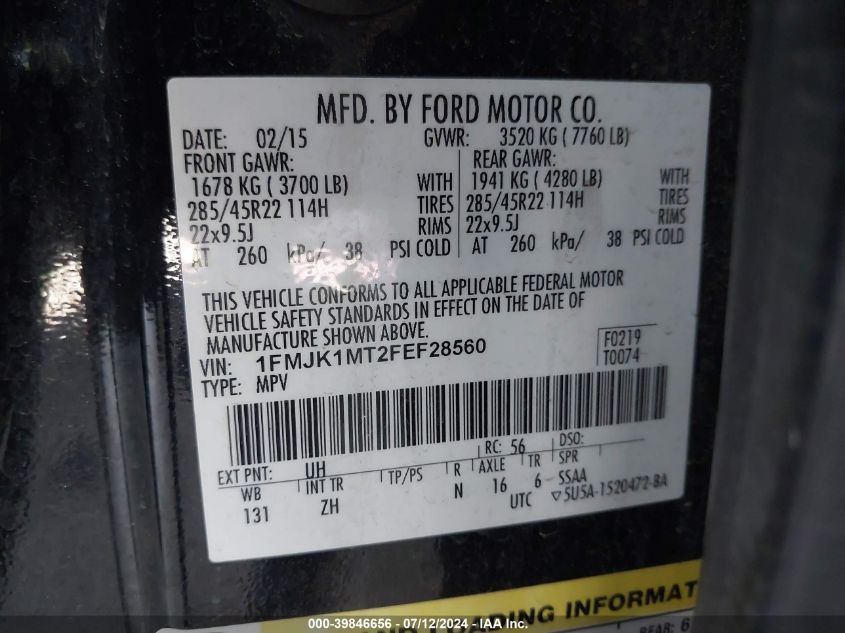 2015 Ford Expedition Le/Xle/Se/Xse VIN: 1FMJK1MT2FEF28560 Lot: 39846656