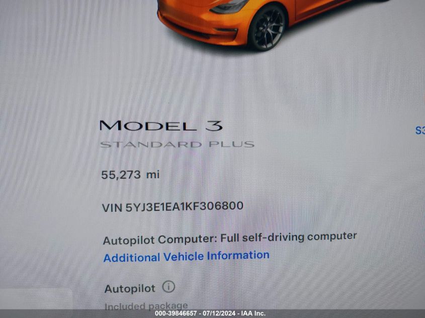 2019 TESLA MODEL 3 LONG RANGE/MID RANGE/STANDARD RANGE/STANDARD RANGE PLUS - 5YJ3E1EA1KF306800