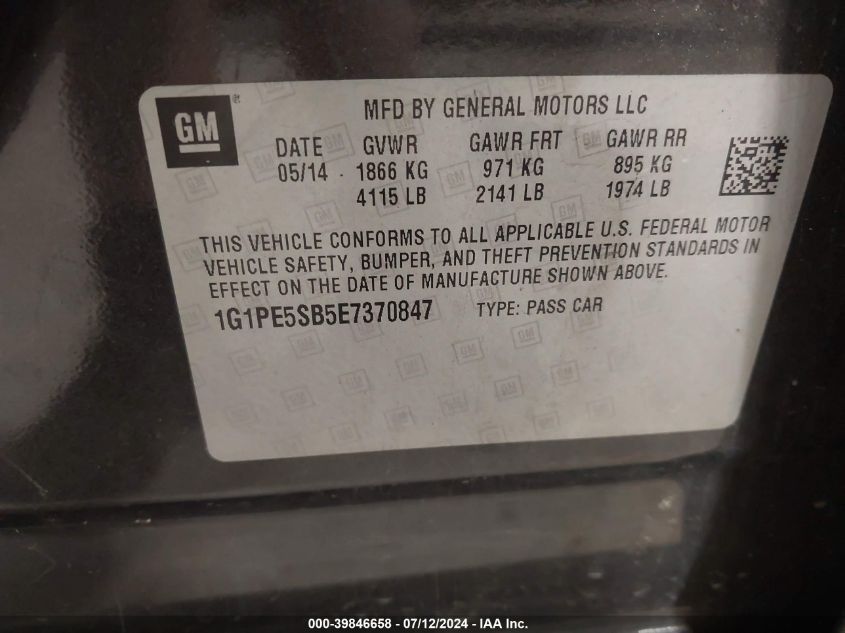 2014 Chevrolet Cruze Lt VIN: 1G1PE5SB5E7370847 Lot: 39846658